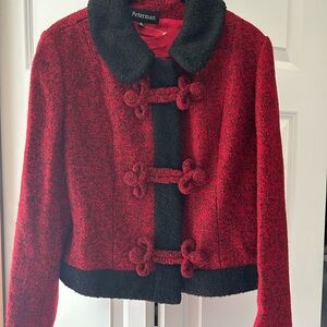 J. Peterman Red and Black Teddy Jacket with Plush Collar NWOT